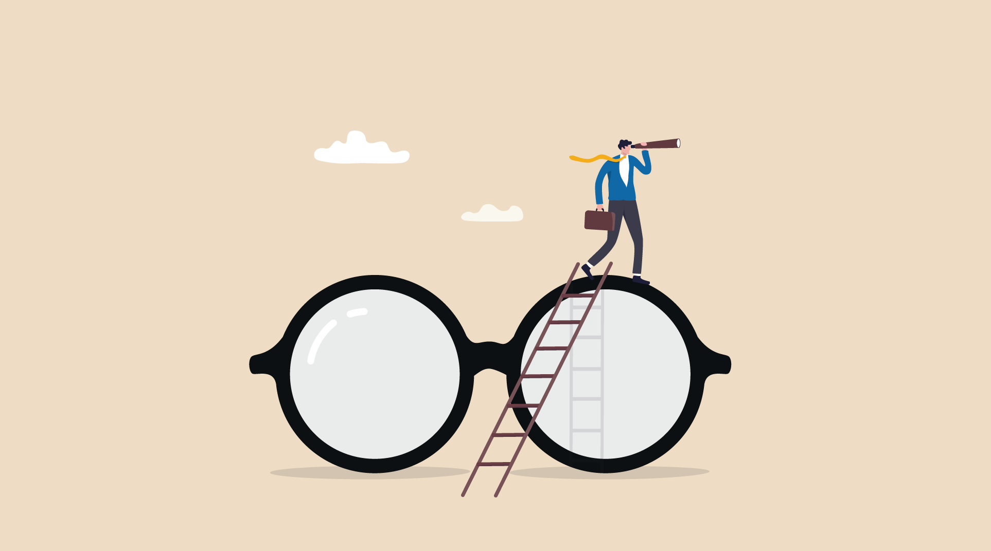 Professional looking ahead with telescope standing on glasses - career vision metaphor
